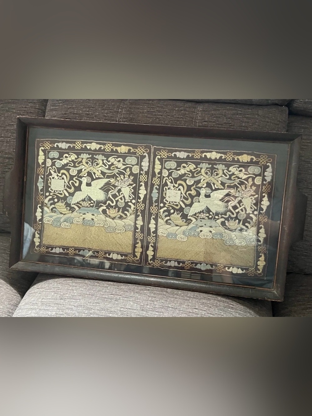 Qing Dynasty Chinese Silk Rank Panels Set of 2 Crane Floral Botanical Antique